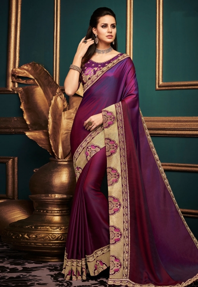 Purple satin embroidered party wear saree  10609